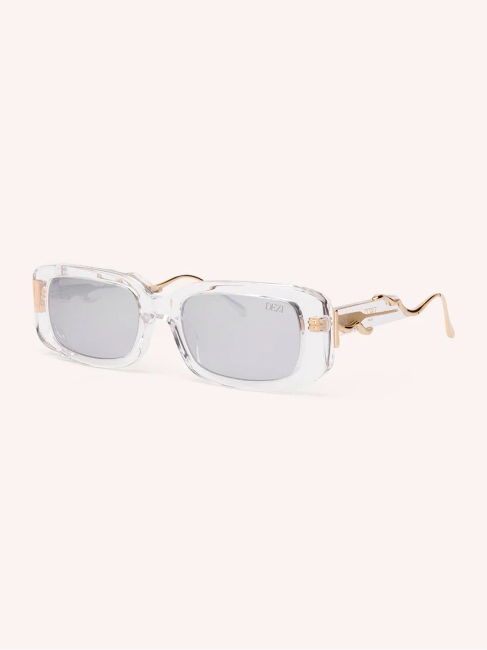 DEZI Clear Frame Sunglasses with Silver Lenses and Gold Temples